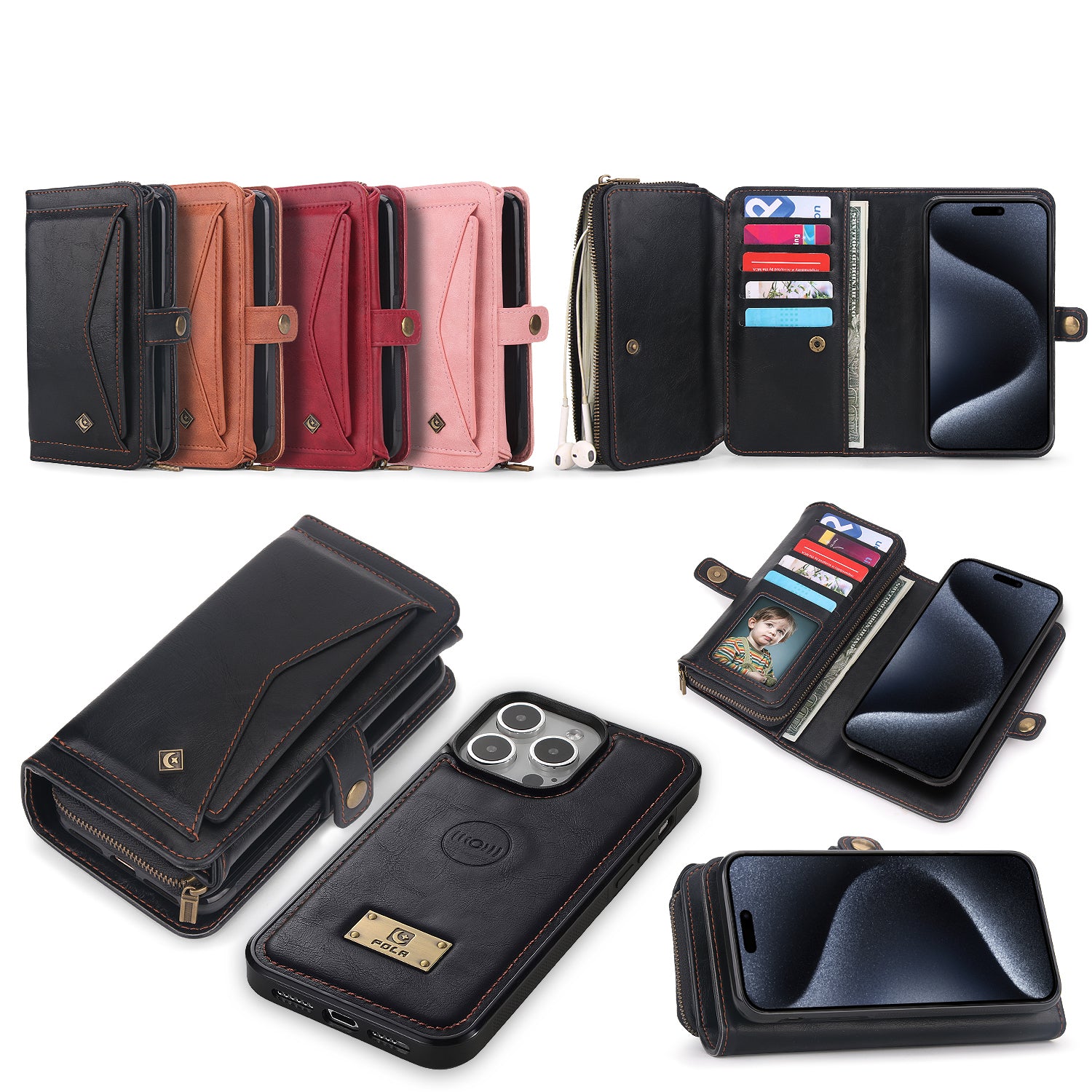 iArmor Multi-Functional Zipper Wallet Phone Case with Crossbody Strap for iPhone