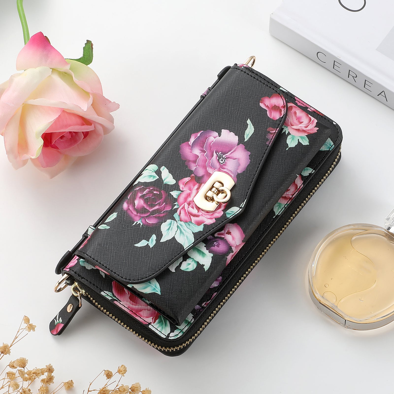 iArmor iPhone Leather Wallet Case with Artistic Floral Design & Convertible Straps