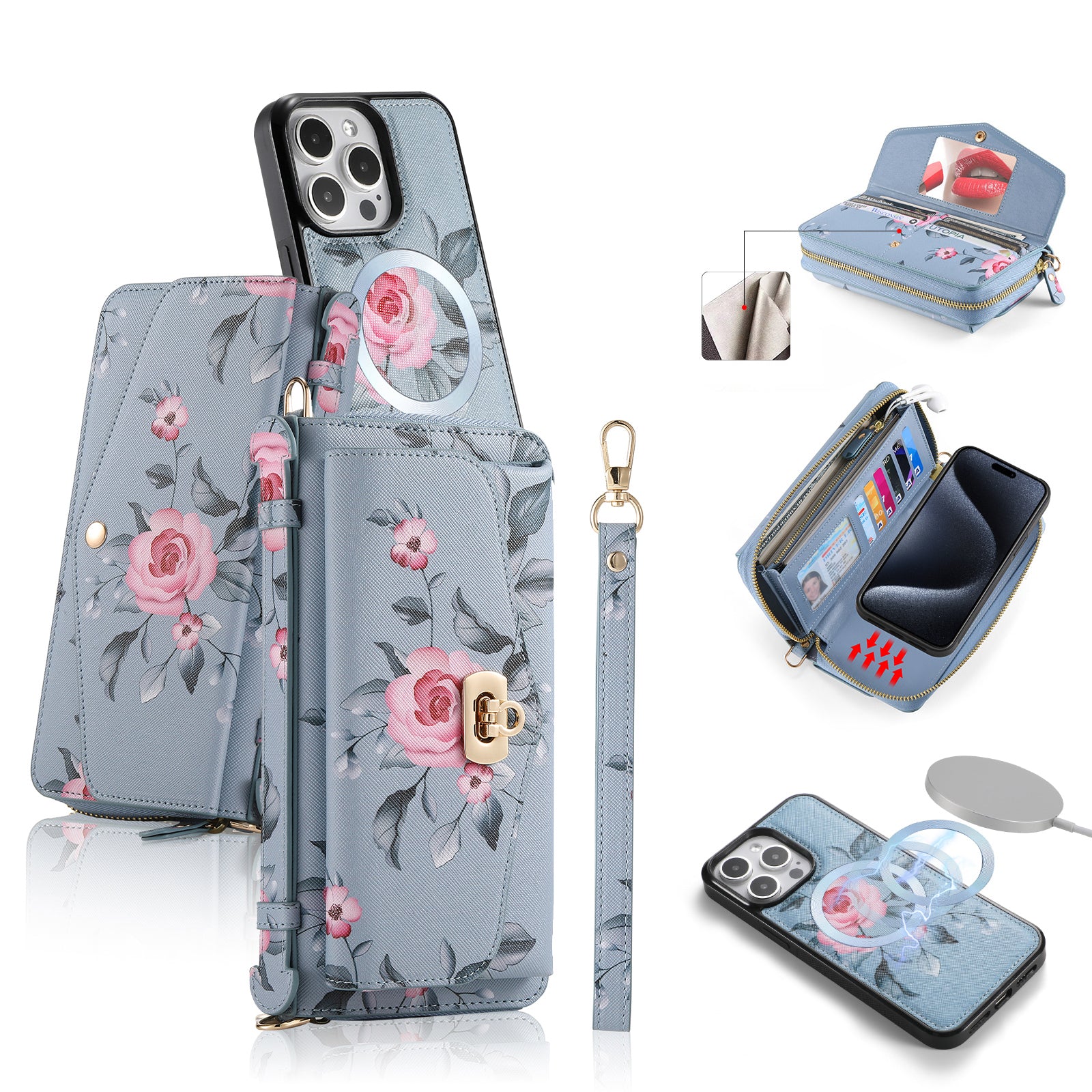 iArmor iPhone Leather Wallet Case with Artistic Floral Design & Convertible Straps