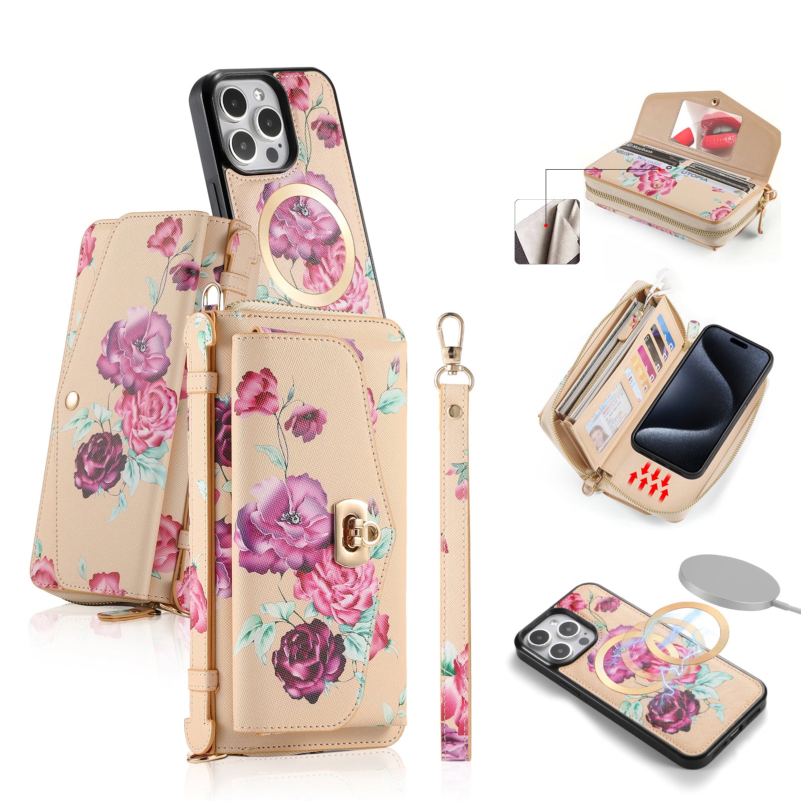 iArmor iPhone Leather Wallet Case with Artistic Floral Design & Convertible Straps