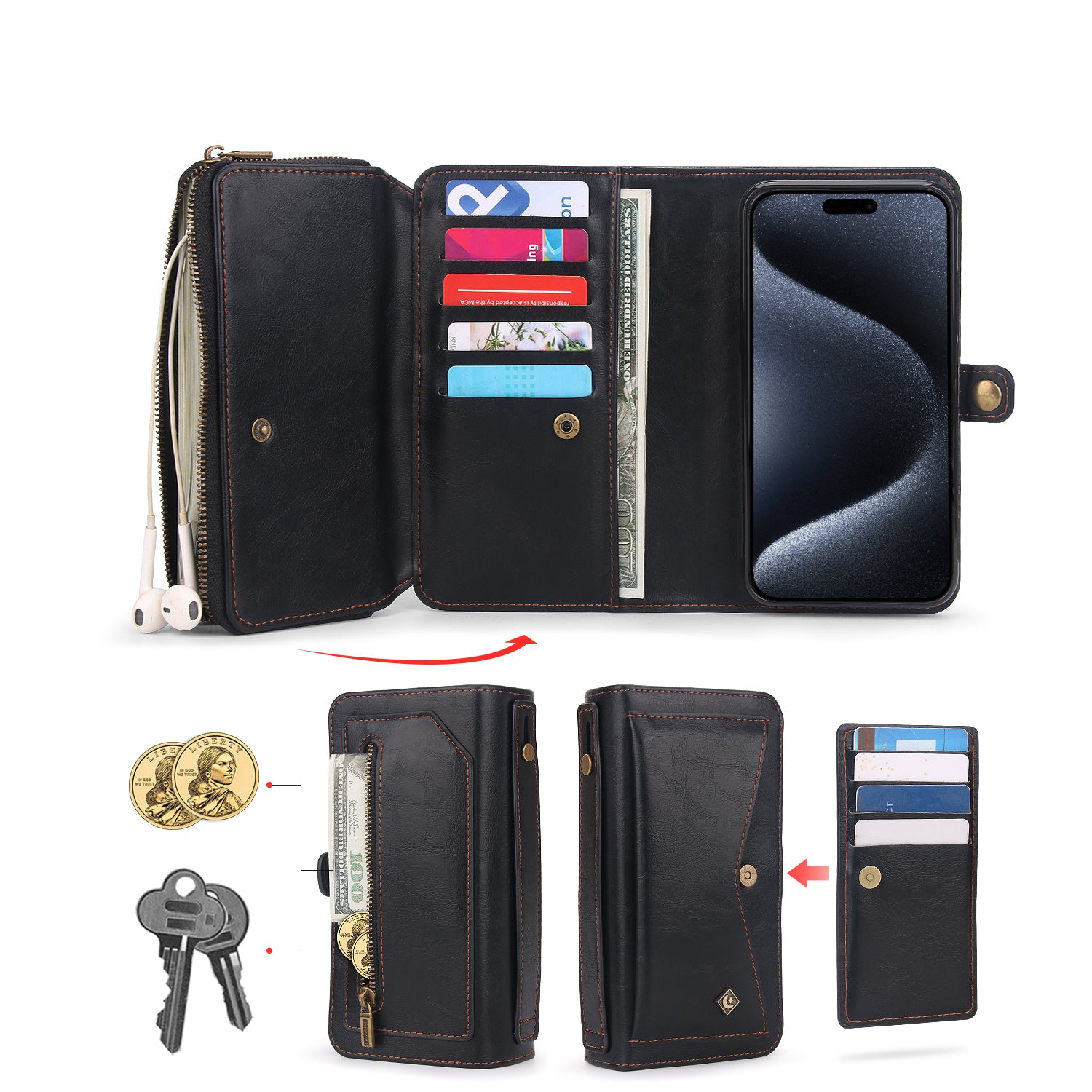 iArmor Multi-Functional Zipper Wallet Phone Case with Crossbody Strap for iPhone