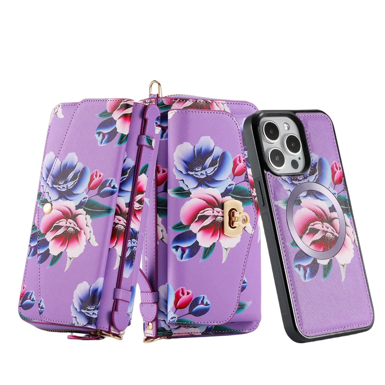 iArmor iPhone Leather Wallet Case with Artistic Floral Design & Convertible Straps