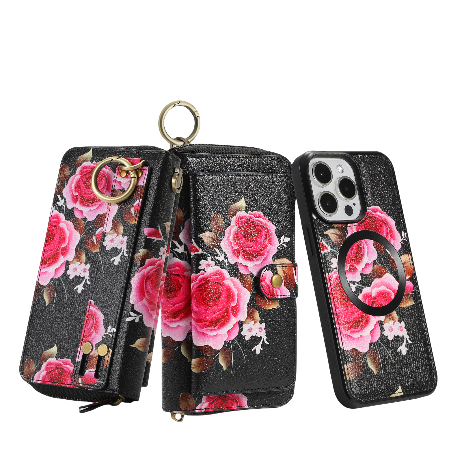 iArmor Elegant Bloom Leather Wallet Case for iPhone with Zipper & Hand Strap