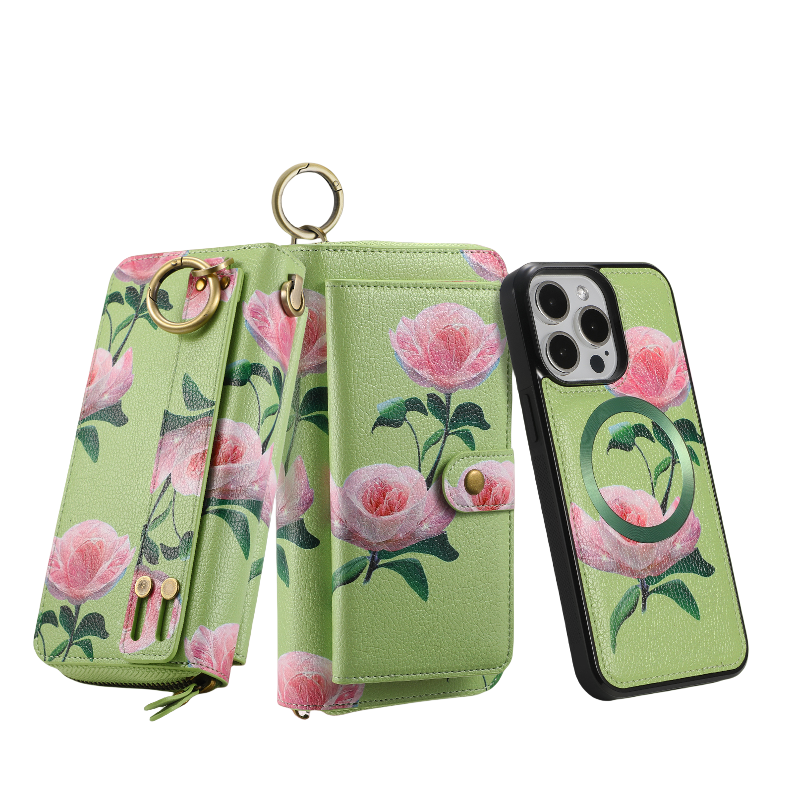 iArmor Elegant Bloom Leather Wallet Case for iPhone with Zipper & Hand Strap