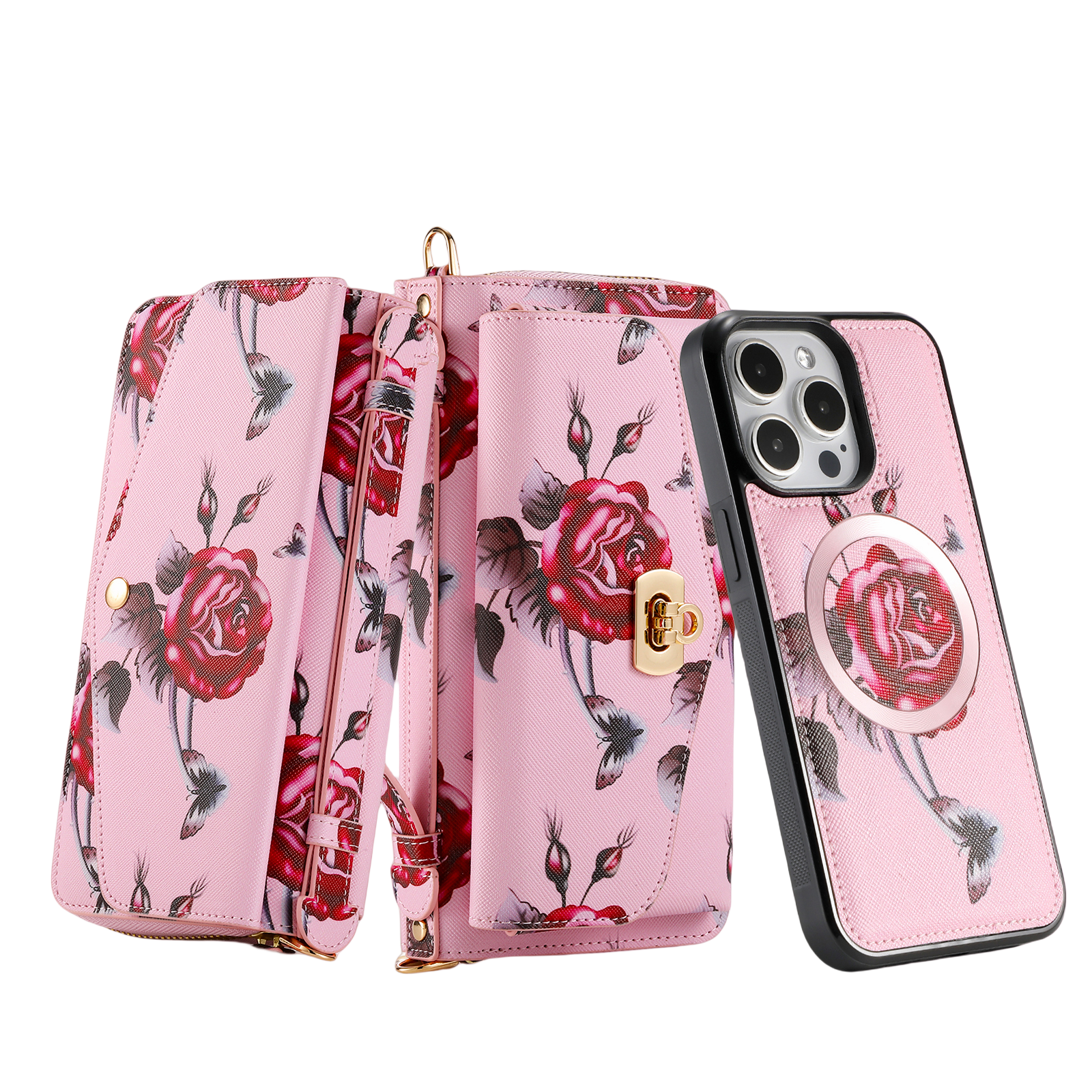 iArmor iPhone Leather Wallet Case with Artistic Floral Design & Convertible Straps