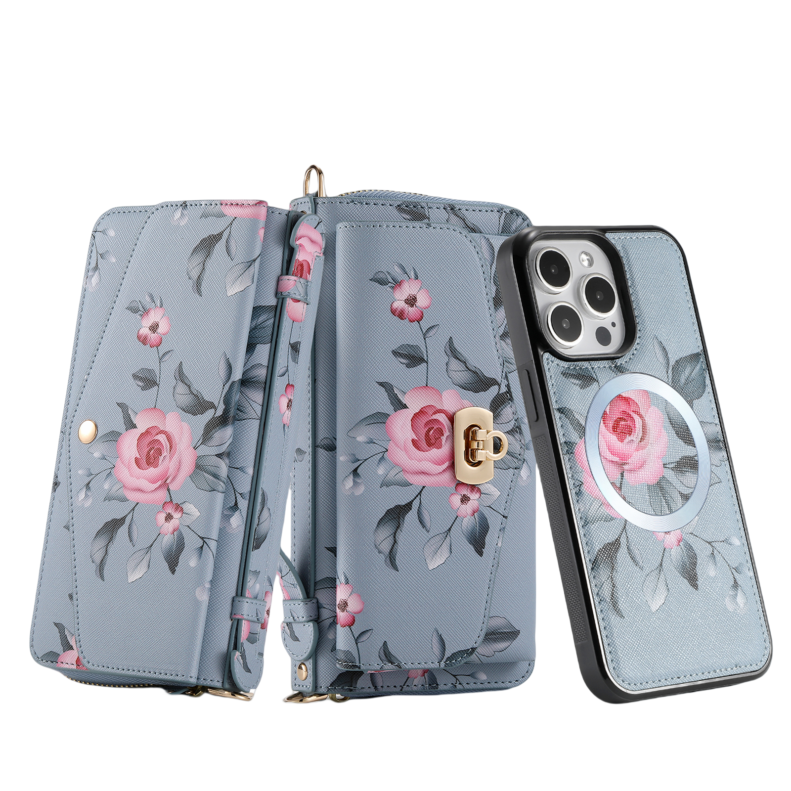 iArmor iPhone Leather Wallet Case with Artistic Floral Design & Convertible Straps