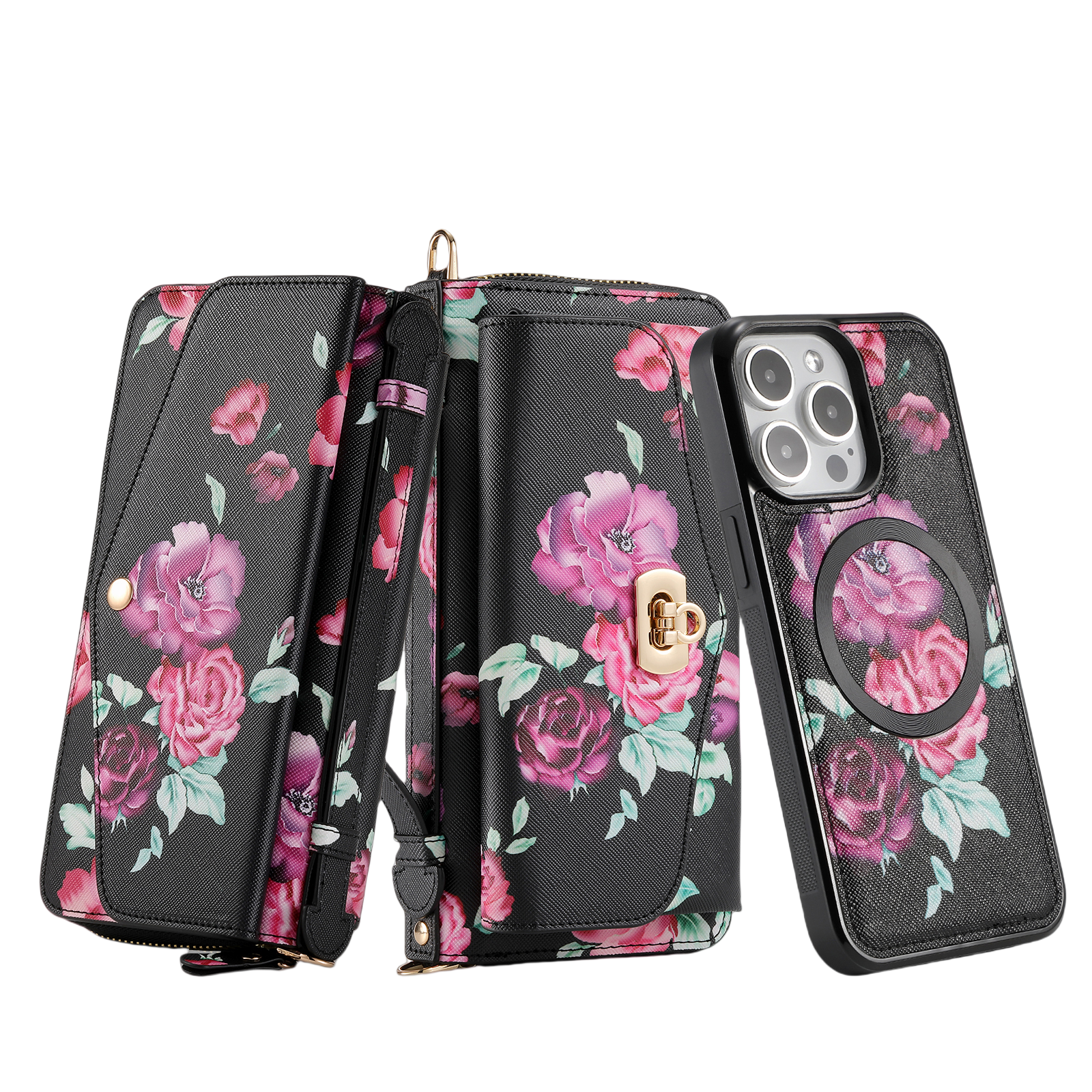 iArmor iPhone Leather Wallet Case with Artistic Floral Design & Convertible Straps