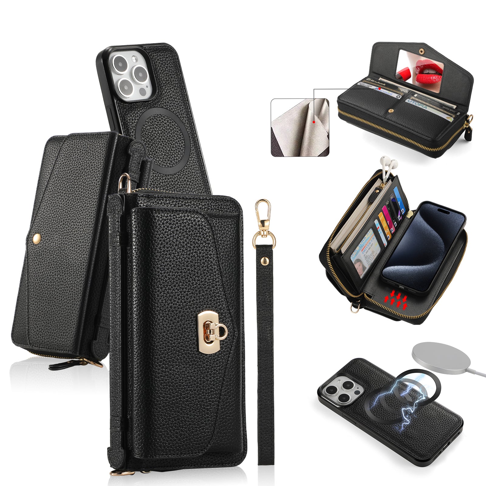 iArmor Leather Pair Wallet Case for iPhone 16 – RFID, Card Slots with Detachable Straps